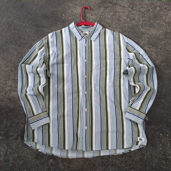 Quiksilver Flannel Shirt Mens M White Striped Beach Button Up Long Sleeve Surf - Picture 1 of 8